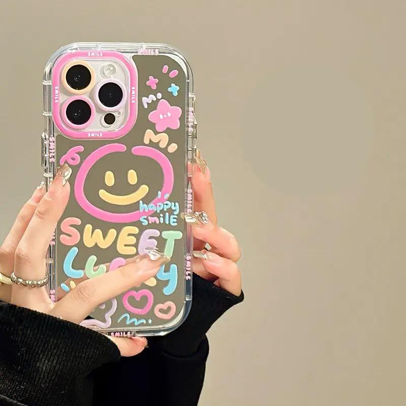 Sweet Lucky Smile Pattern Makeup Mirror Hard Back Case For iPhone 13 15 16 Pro Max 14 11 12 Cute Girl Shockproof Cover