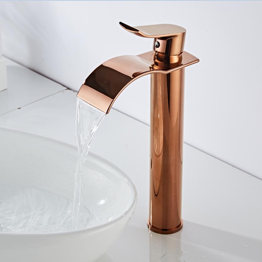 Rose Gold Basin Faucet Waterfall Faucet Brass Bathroom Faucet Bathroom Basin Faucet Mixer Tap Hot and Cold Brass Sink faucet