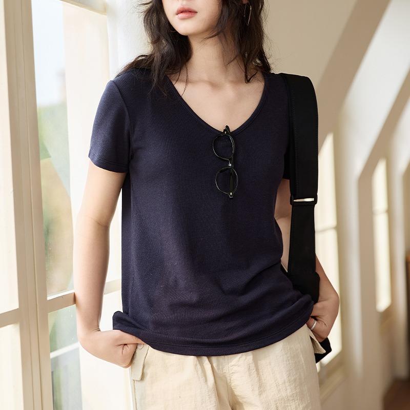 New Spring and Summer Silk Bottoming Shirt Women's Lyocell Goose Egg Neck Short Sleeve Top