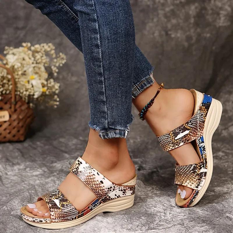 Summer Wedge Women Sandals Thick-soled Retro Roman Flip-flops Casual Leopard Print Snake Print Beach Shoes Zapatillas De Mujer