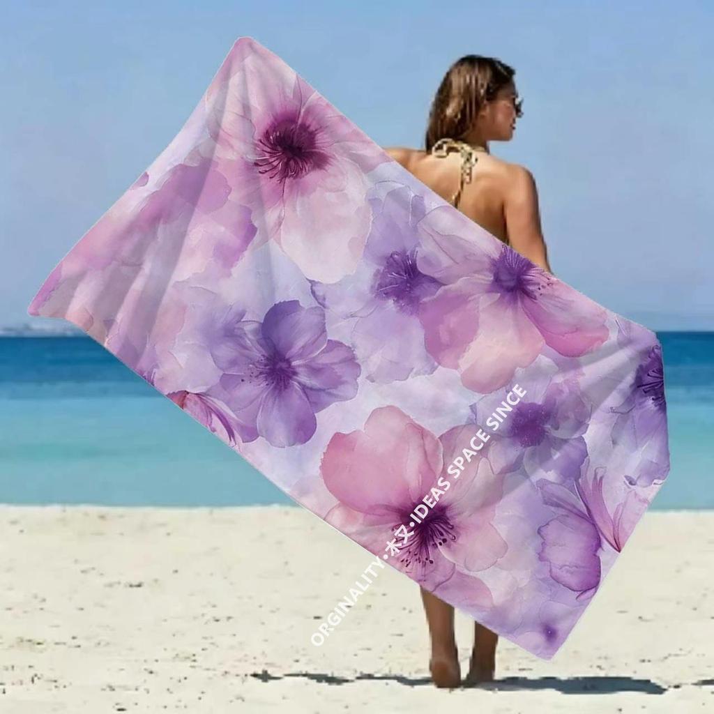 Watercolor Purple Floral Beach Towel Patterned Sunscreen And Windproof Suitable For Swimming Pool Camping Travel