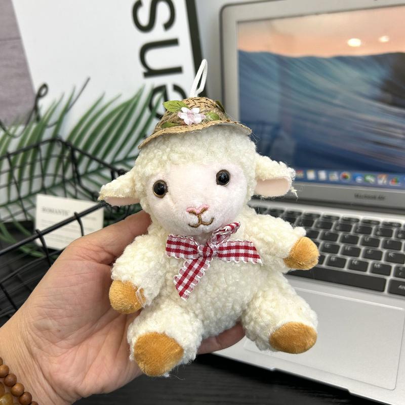 Cute Soft Plush Sheep Keychain Fluffy Straw Hat Plaid Bow 1Pcs Portable Key Ornament for Travel Backpack Decor