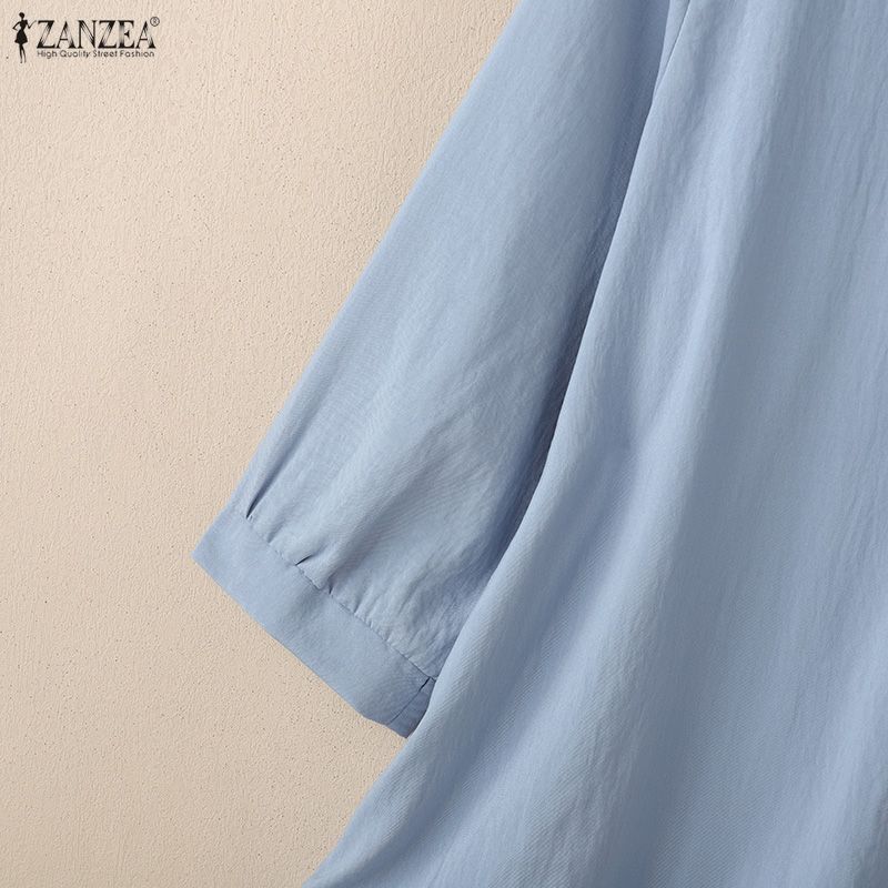 ZANZEA Women Casual V-neck Solid Color Loose 3/4 Sleeve Blouse