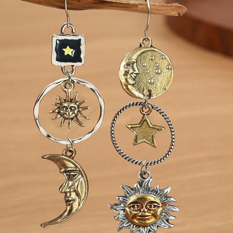 1 Pair Retro Creative Moon & Sun Long Pendant Earrings, Fashion Jewelry for Men