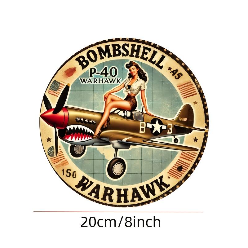 

Office Oral Sound | Retro Poster Girl and P-40 War Eagle Aircraft 7.87inch Round Wooden Wall Art - Durable Artificial Woode