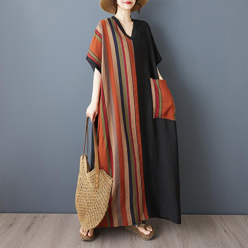 The Real Shot Is Summer Fat Mm Thin Cotton and Linen To Cover The Belly Thinness V-neck Short-sleeved Contrasting Color Splicing Black Long Dress.