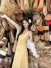 Yellow Floral Spaghetti Strap Slim-Fit Maxi Dress - Women's Japanese Sweet Style Summer Sleeveless Tank Dress