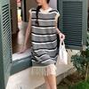 Striped Knitted Sweater Sleeveless Long Skirt Summer Vest Lazy Style Bottoming Up with Suspender Tassel Dress