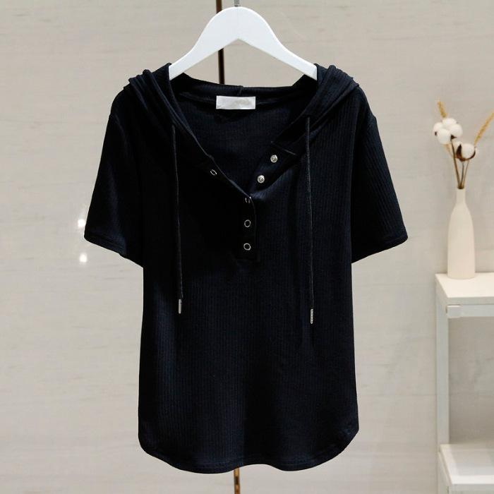 White Drawstring Hooded T-shirt for Women for Short-sleeved Summer Fashionable Loose Slim Versatile T-shirt Base Shirt