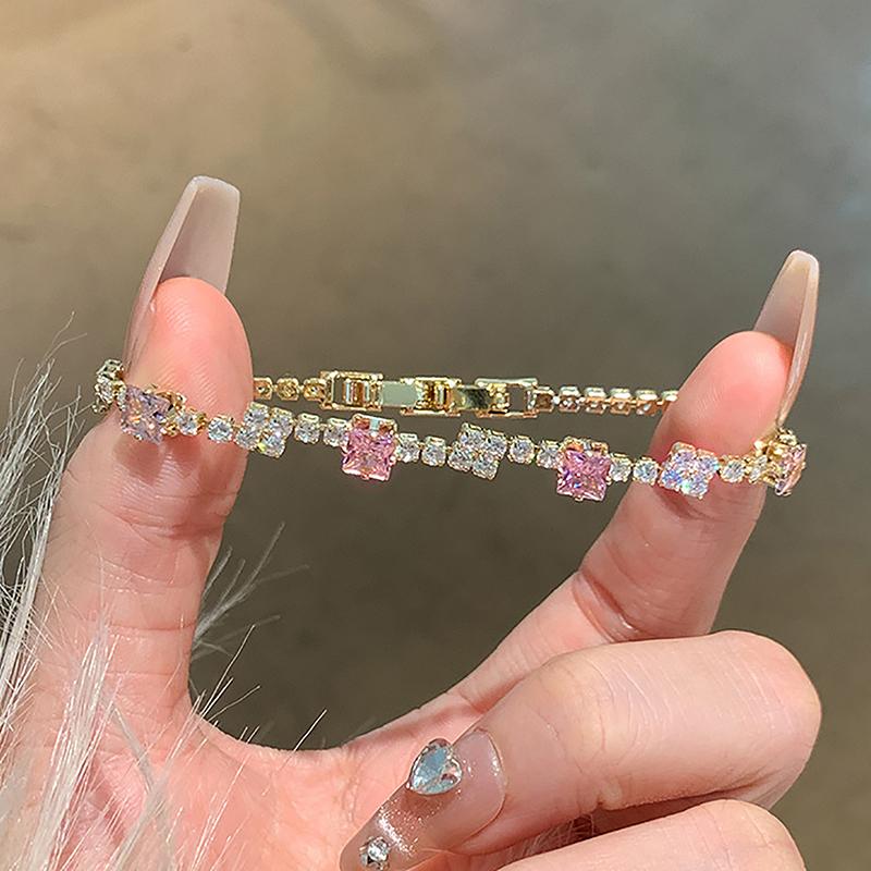 Bracelet de luxe léger en zircon rose pour femmes et filles, exquis et brillant, bijoux, accessoires, cadeaux