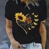 Butterfly Sunflower Heart Design Print Women Short Sleeve Women's Casual Crew Neck T-Shirt Women Clothes