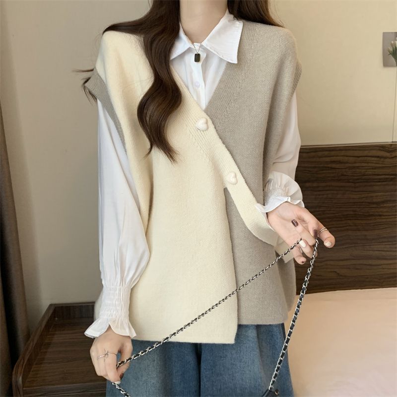 Vår og høst Kontrastfarge Strikket Genser Vest for Dame Design Uregelmessig Løs og Slank Ermeløs Strikket Vest Dame