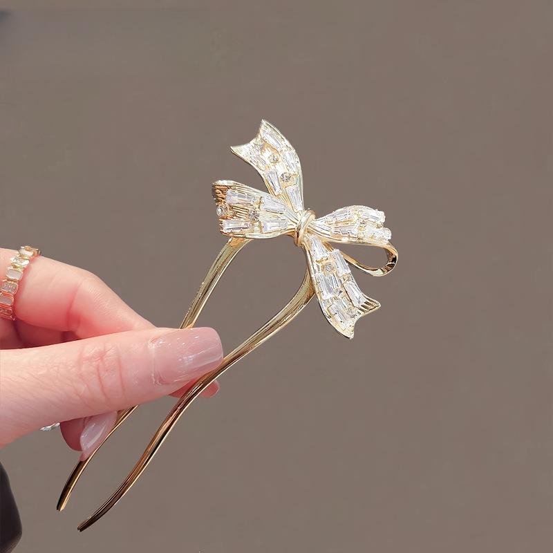 Fashion Retro Zirconia Bow Hair Stick New Elegant Ladies U-shaped Plate Hair Buckle Ponytail Clip Headdress Hair Accessories