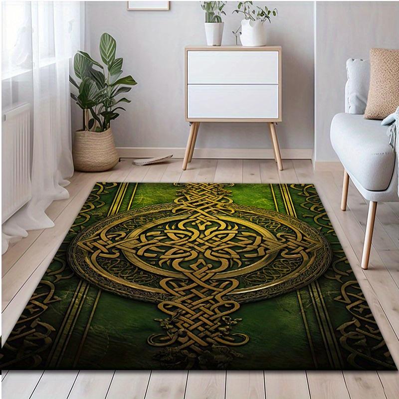 Tappeto a Tema Nodo Celtico Vichingo, Tappetino Antiscivolo con Elegante Motivo Verde e Oro per Camera da Letto Soggiorno Decorazione per la Casa Tappeto
