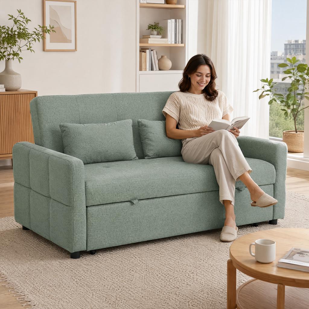 Convertible Sofa, 2-Seater, 3-in-1 Click-Clack Bed, 160 Cm, Adjustable Backrest, 2 Pillows, Green