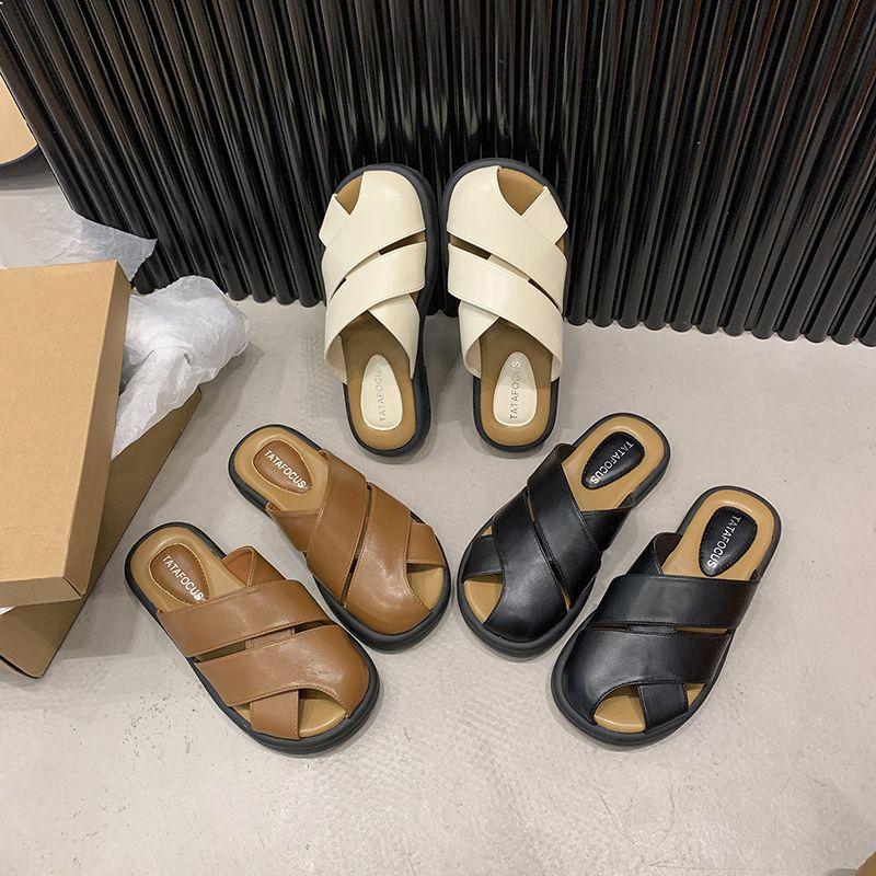 Women's Summer Slippers Luxury Artificial Leather House Shoes For Home Women 2024 Comfortable Barefoot Outdoor Low Heels Slipper