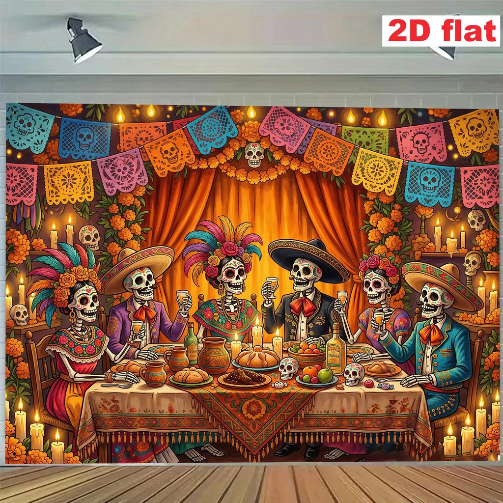 2D Flat Banner [Party Banner, Flag] 1 Piece, Made of Polyester, with Painted Sugar Skull Decorative Fabric