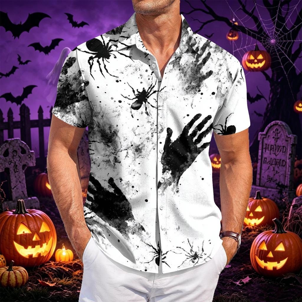 Men's Casual Short Sleeve Shirt Halloween Print Button Down Shirt Lightweight Breathable Fabric Relaxed Fit Shirt for Everyday Wear