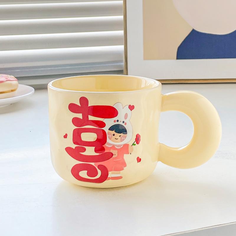 Cute High-value Festive Mug with Lid Spoon Couple Pair Cup Wedding Gift Ceramic Drinking Cup Coffee Cup
