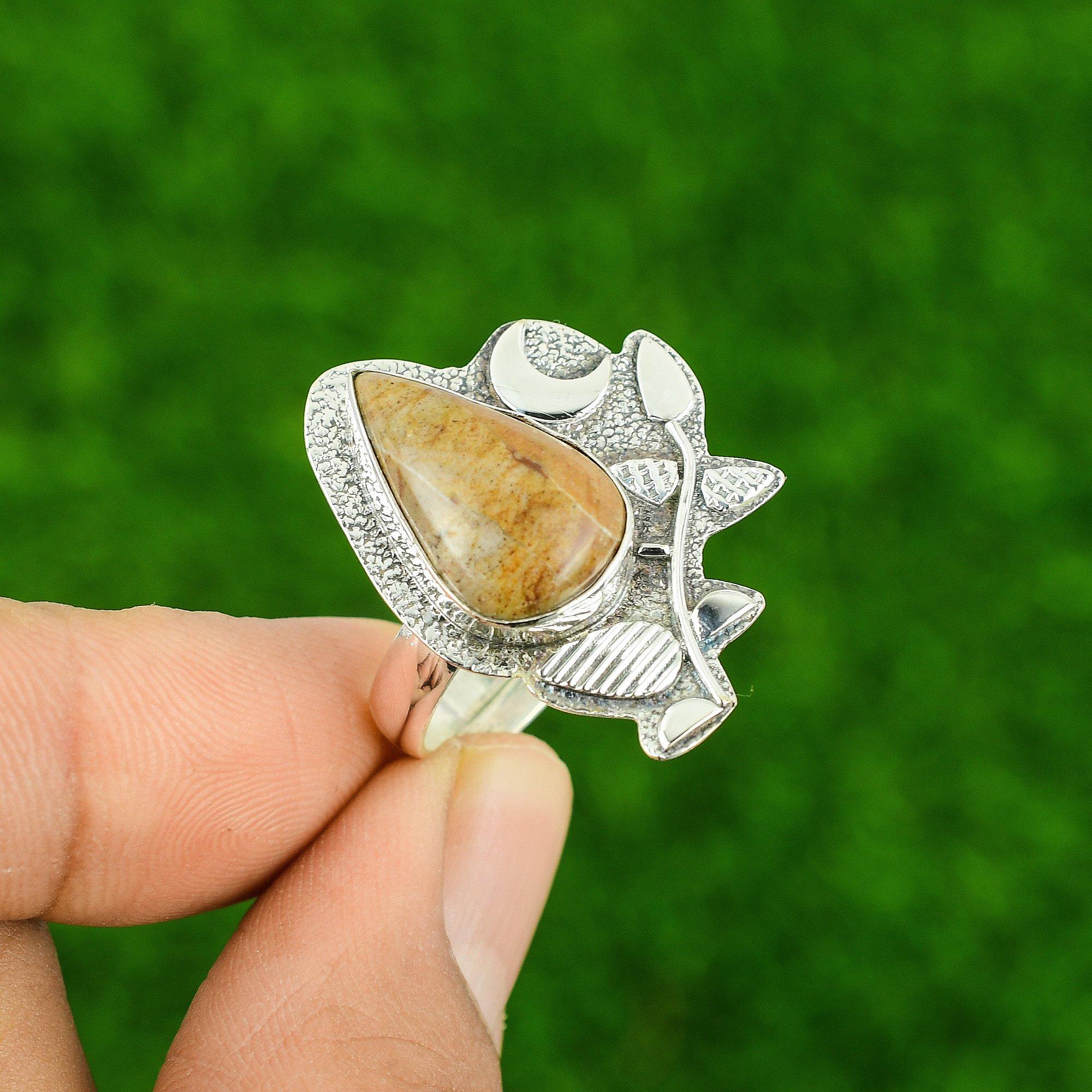 

Sterling Silver Natural Picture Jasper Engagement Wife Stackable Ring Jewelry Adjustable