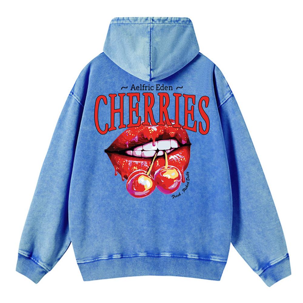 Oversized Womens Washed Hoodie Cherries On The Lips Print Pullover Comfortable Warm Cotton Sweatshirts Streetwear