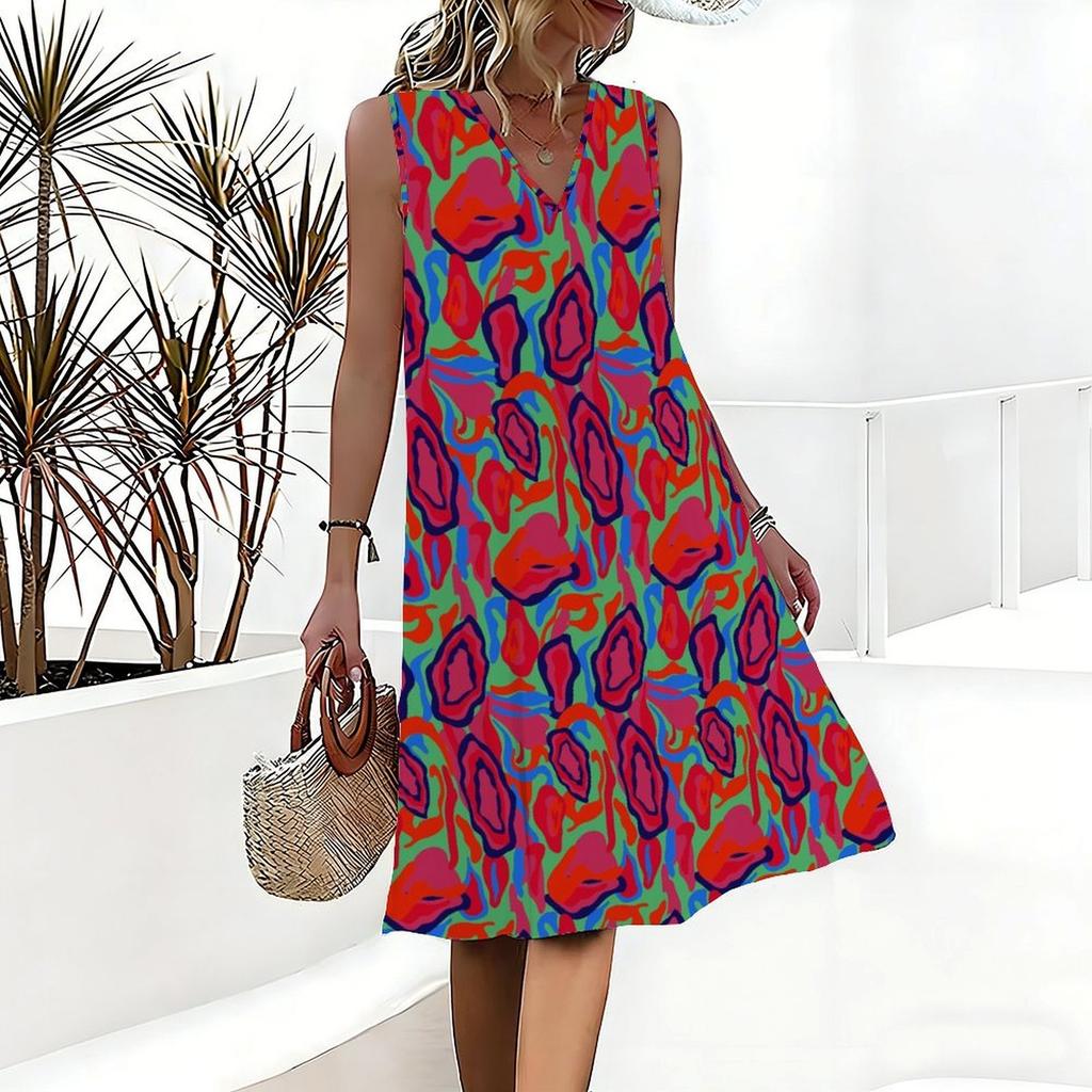 Plus Size V Neck Sleeveless Dress Soft Watercolor Peach Blossom Print For Leisure Courtyard Time