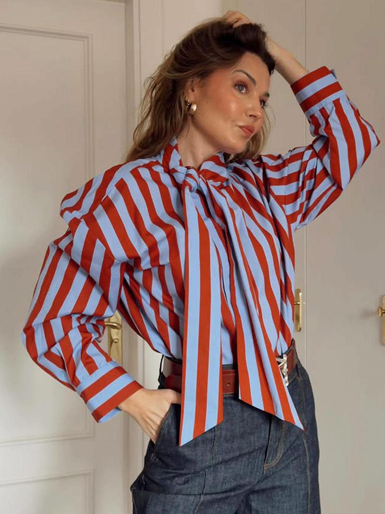 European American Women's Striped Lace-up Long-Sleeve Loose Top