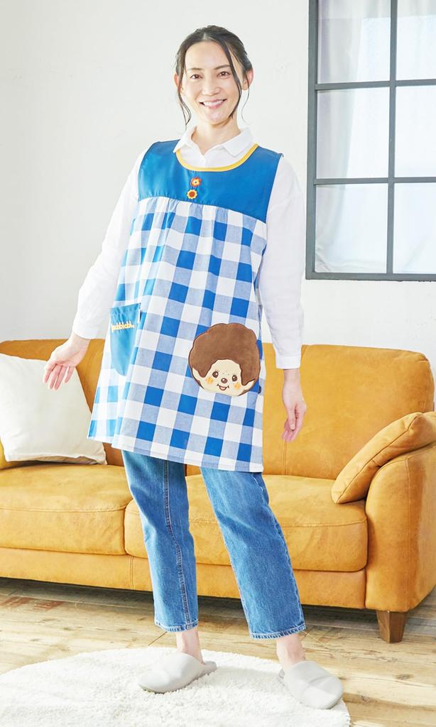 Atelier Momo & Momo Monchhichi Schürze, Seitenöffnung, Karomuster, Blau, Damen, M-L, MA43865-51