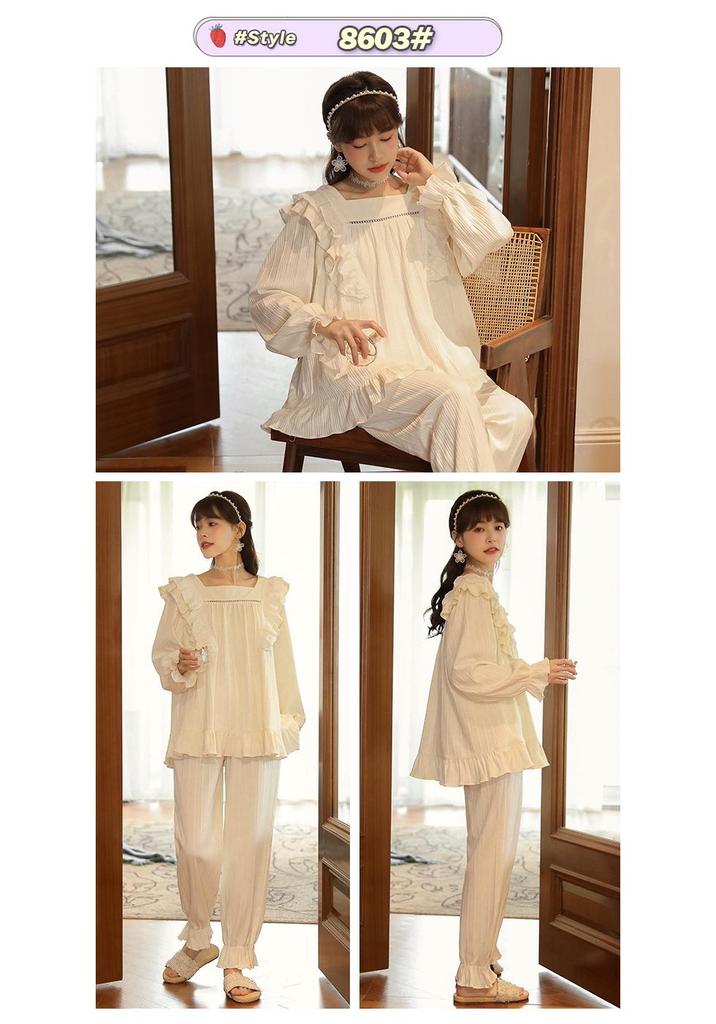 Tiruxin Women's Ribbed Long Sleeve Pajama Set - Retro Princess Court Style