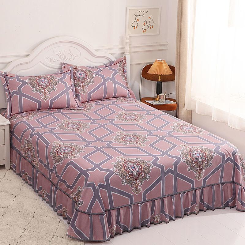 Комплект из 3 предметов, утолщенная юбка-кровать с принтом, мягкая шлифовальная пылезащитная юбка-кровать, покрывало размера King Queen с 2 наволочками