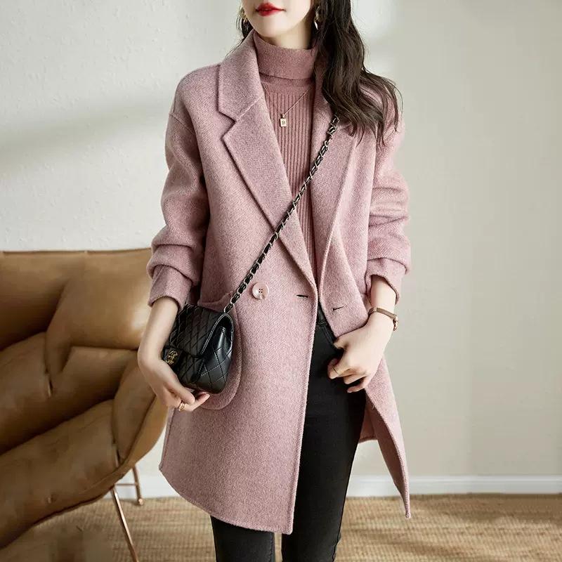 Lila Koreanischer Stil Verdickter Tweed-Mantel Herbst und Winter Aktualisierter Stil Hochwertiger Fischgrätenmuster-Mantel für Damen Mittellang