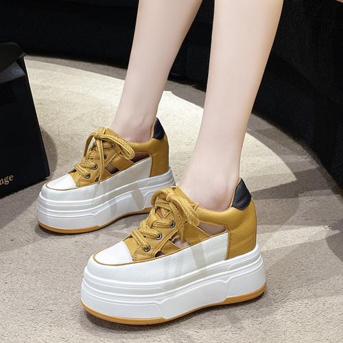 

Модные женские босоножки на платформе из кожи 9 см, женские белые мюли на танкетке, повседневные толстые кроссовки, женские летние тапочки со стразами 40 жёлтый