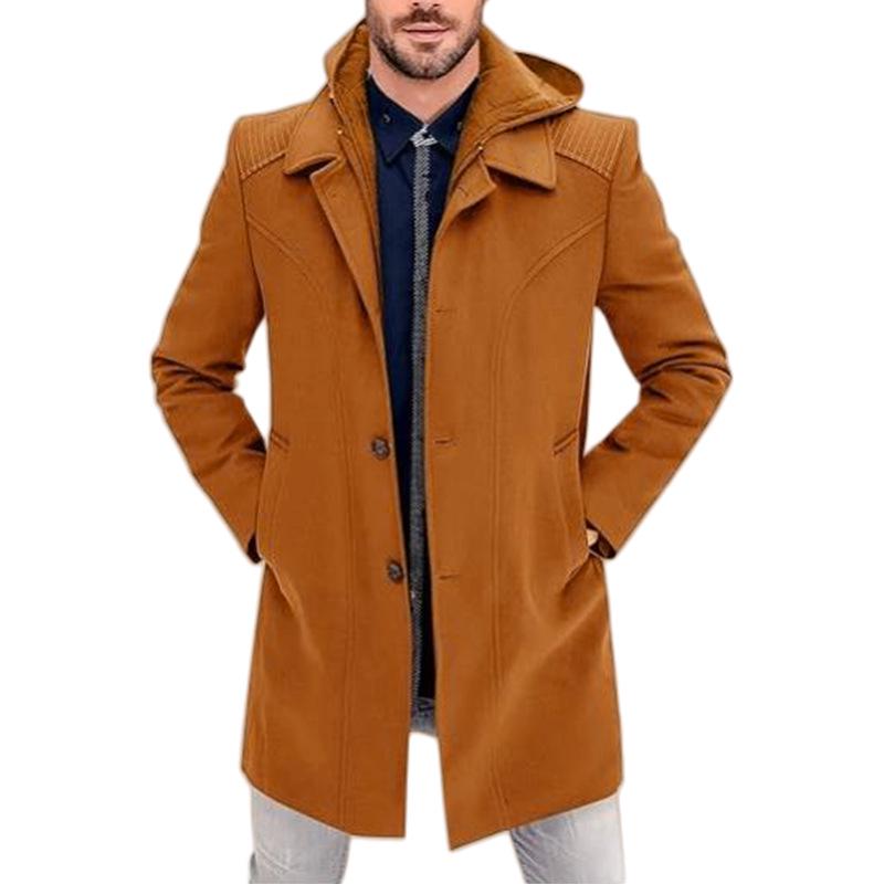 European Men's 2024 Wool Coat - Faux Two-Piece Jacket & Hooded Sweatshirt Combo