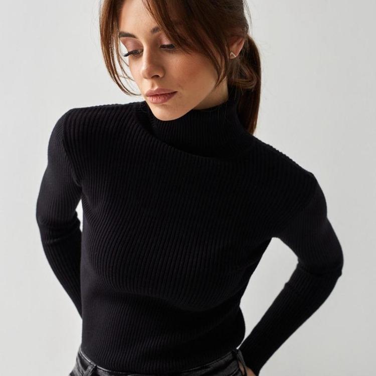 Women Autumn Winter Slim High Neck Knitted Sweater Long Sleeve Solid Color All Match Base