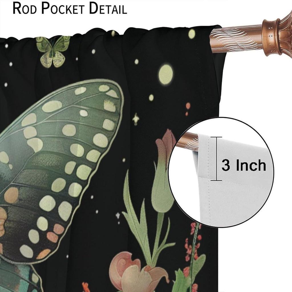 Bohemian Moth Wildflower Curtains Rustic Farmhouse Natural Butterfly Floral Moon Window Drapes Bedroom Living Roo Curtain Light Blocking Polyester