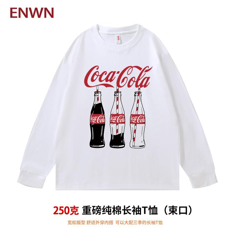 American retro heavy Coca-Cola printed long-sleeved bundle T-shirt for men and women loose casual printed top S