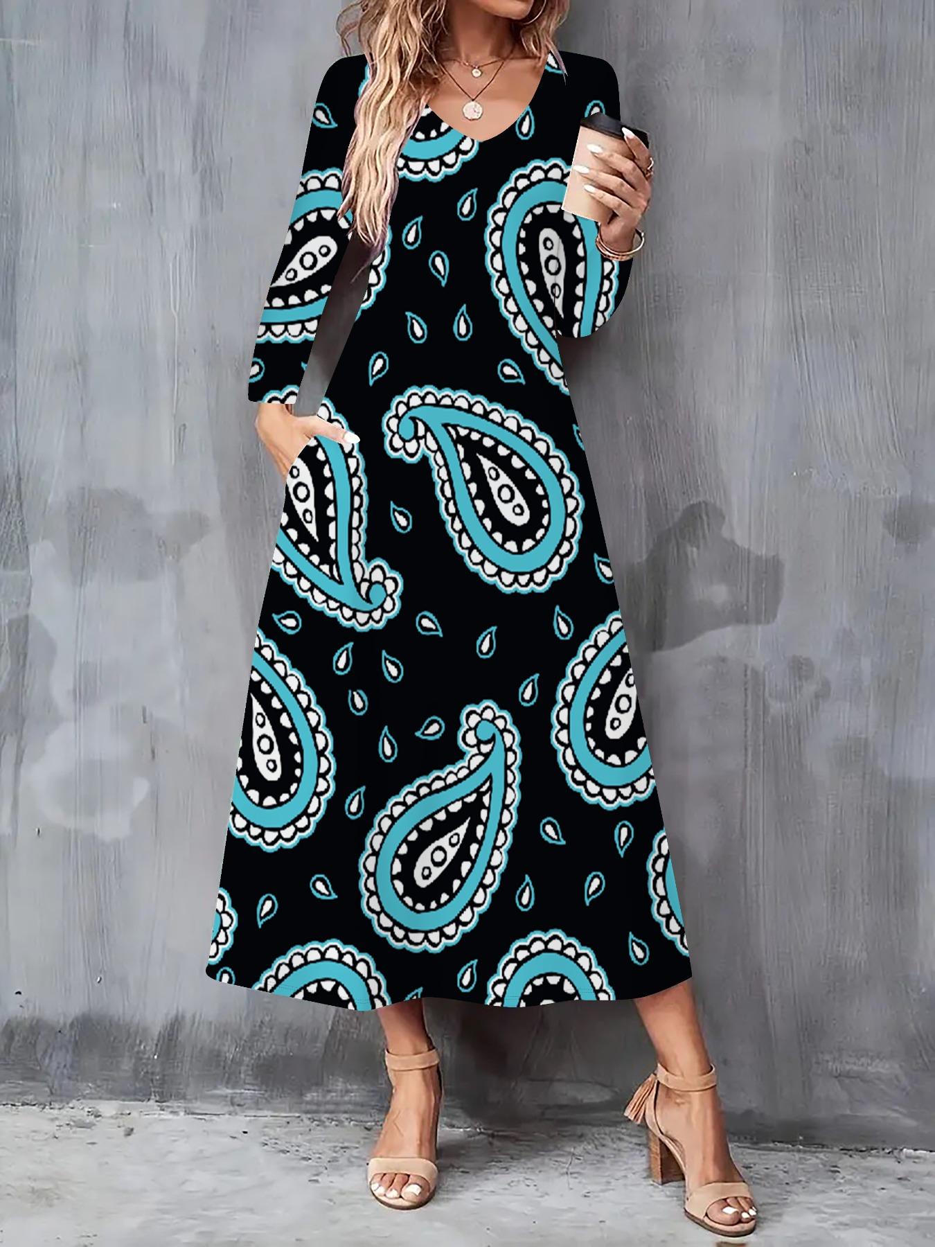 

2025 Осень и Зима Новое Женское Повседневное Модное Платье 3D Ретро Принт с Узором Длинный Рукав V-образный Вырез А-силуэт Платья S синий