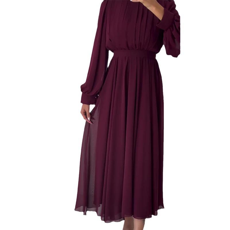 2024 Herbst Damen Einfarbig Hochtailliert Schlankmachend Plissiert Langarmkleid