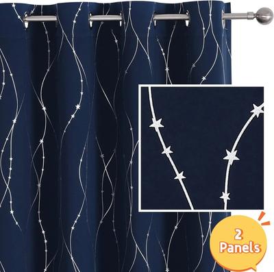 1Pc Blackout Curtains for Bedroom, Silver Curtains with Lines and Stars for Eid Ramadan, Living Room Drape for Grommet Top