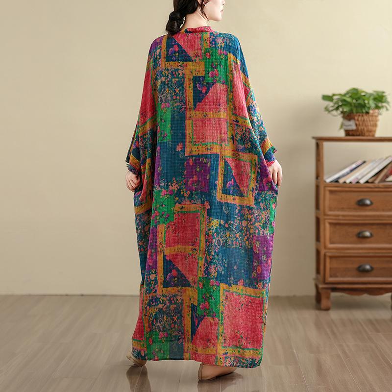 

DIMANAF 2026 Women Plus Size Spring Long Dress Loose V-Neck Printing Vintage Casual Floral Oversize Long Sleeve 5061 One Size