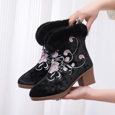 Botins de Inverno Bordados para Mulheres Antiderrapantes Saltos Baixos em Bloco Botins de Neve com Forro de Pele Sintética Sapatos de Bota de Caminhada de Lã Quentes e Confortáveis para Mulheres