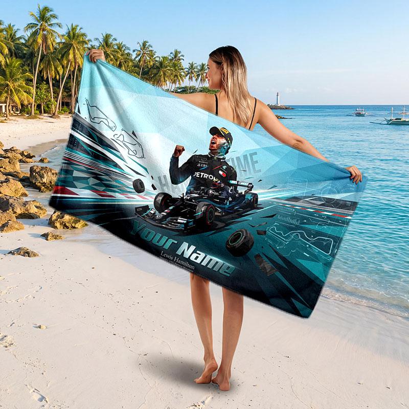 Lewis Hamilton Customized Name Text Beach Towel, Soft Absorbent Towel Beach Pool Travel Personal Gift