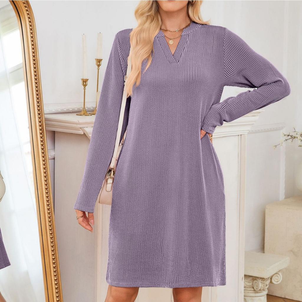 Fall Winter Women's V Neck Long Sleeve Loose Dress Casual Daily Dress For European American Crossborder Outfit