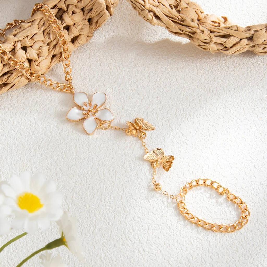 Salircon Romantic Sweet Butterfly Tassel Flower Finger Bracelet Women Elegant Charm Drip Oil Floral Ring Bangle Banquet Jewelry