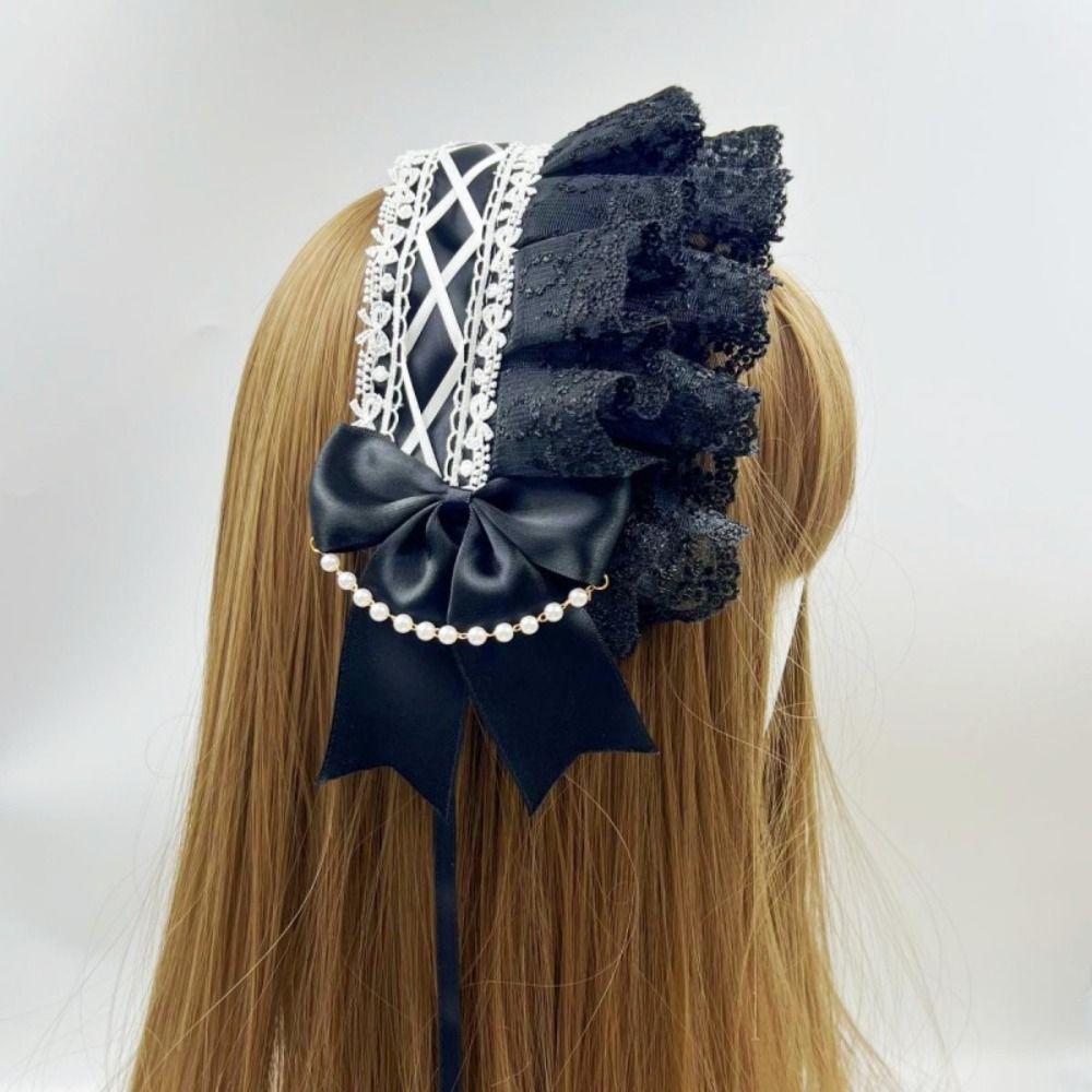Pearl Lolita Lace Headband Ribbon Bow Maid Cosplay Headdress Cute Ruffled Hairband Cosplay