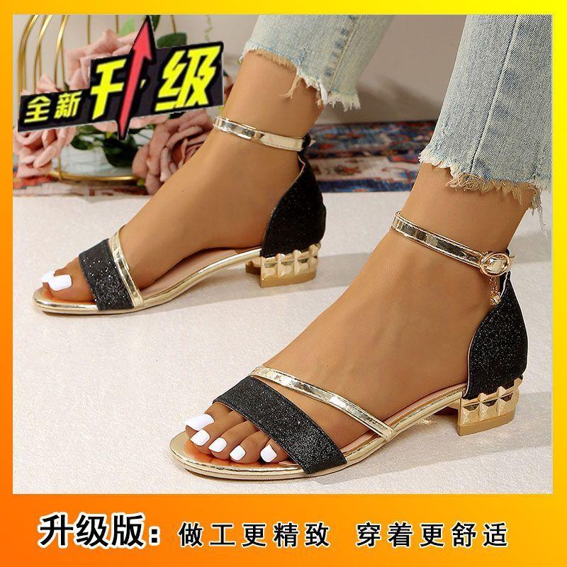 Summer one-word buckle with flat bottom low-heeled women's new rhinestone open-toed thick-heeled sandals are fashionable and versatile
