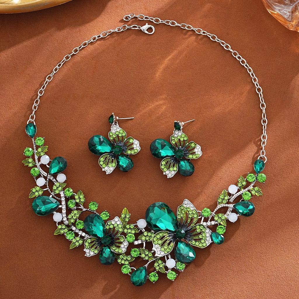 Retro Pastoral Cross Necklace and Earring Set with Flower Pendant and Colored Gemstones