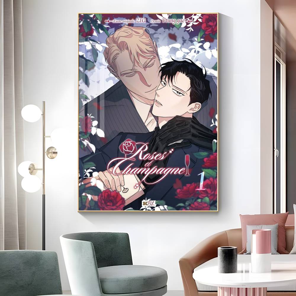 1ks Anime R-Růže a šampaňské Plakát Samolepka Tisk Voděodolné Nástěnné umění do obývacího pokoje Ložnice Domácí dekorace