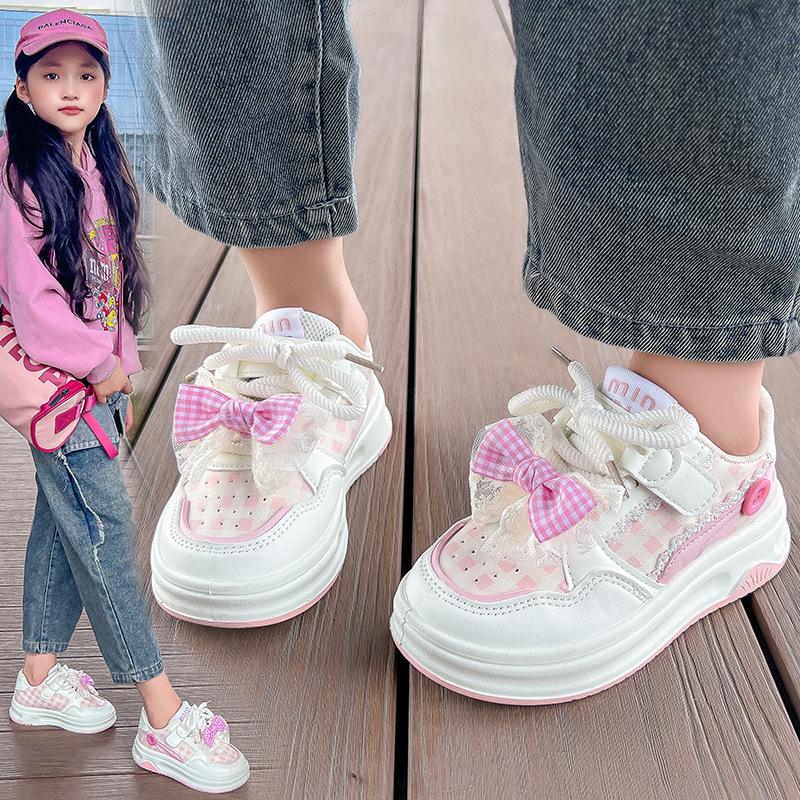 Girls Plaid Sneakers 2025 Spring and Autumn New Children's Bow Fashion Board Shoes Medium and Large Children's Girls Casual Shoes