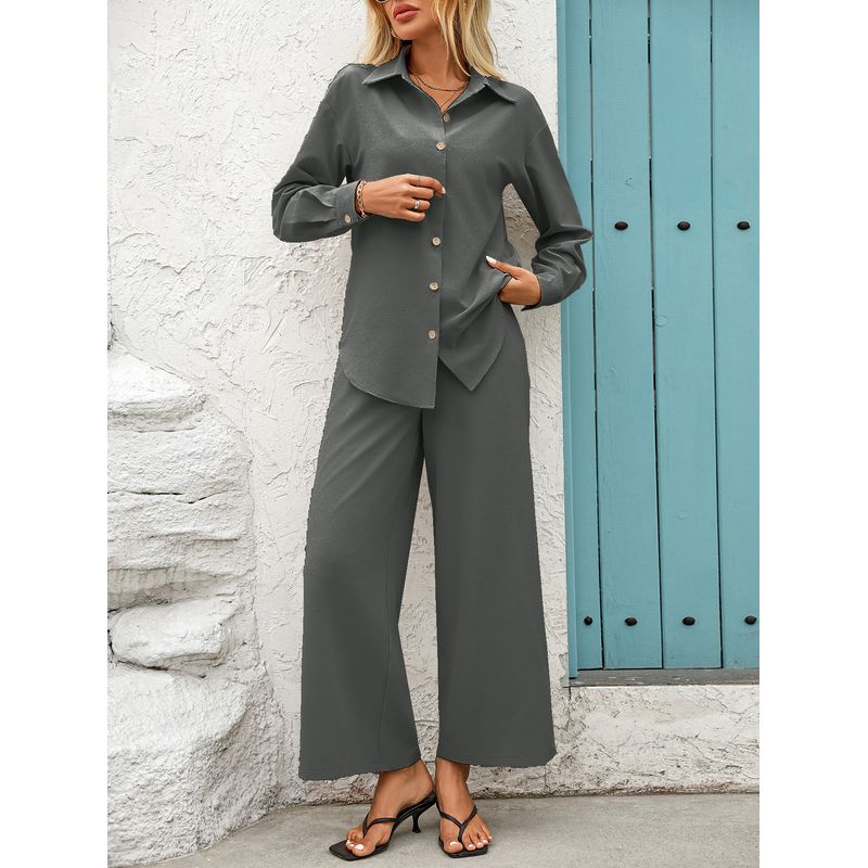Fashion Fall Lapels Single Breasted Solid Color Loose Long Sleeves Cardigan Shirt Elastic Waist Pants Casual Two-Piece Suit